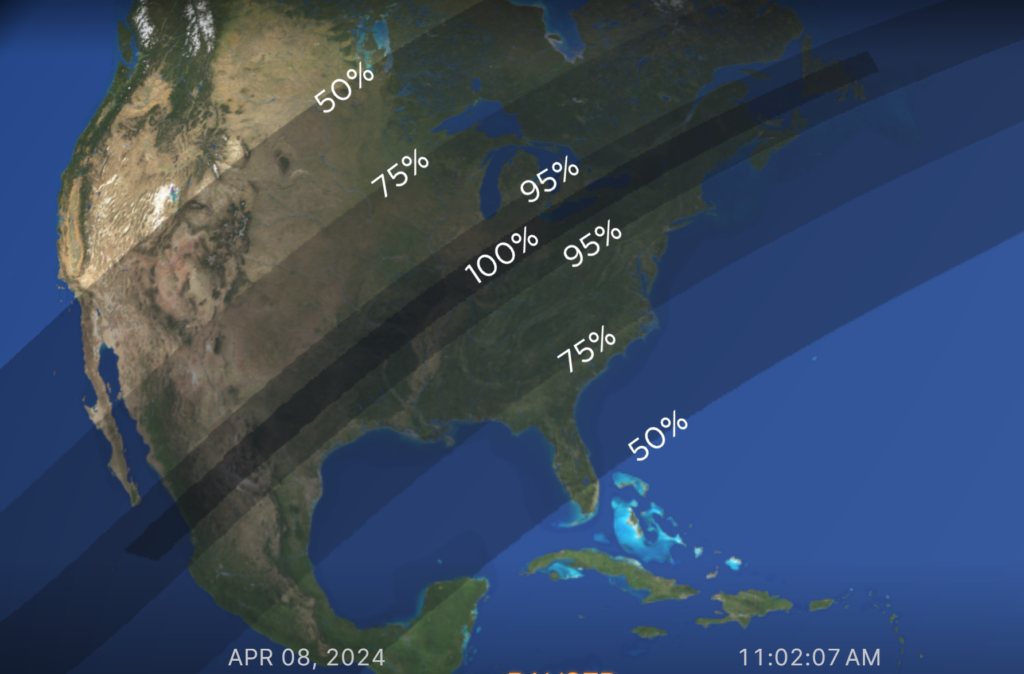 Percentage of the 2024 eclipse across Mexico, the United States and Canada courtesy of NASA.