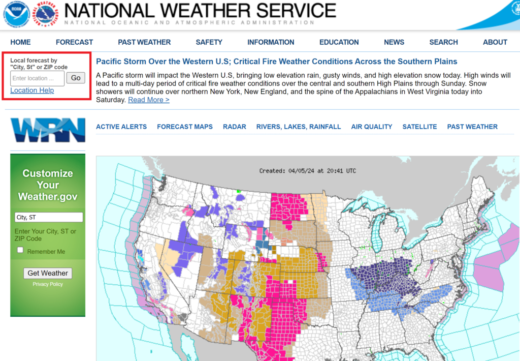 The homepage of the National Weather Service.