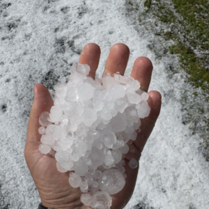 Hail stones held in one hand and on the ground